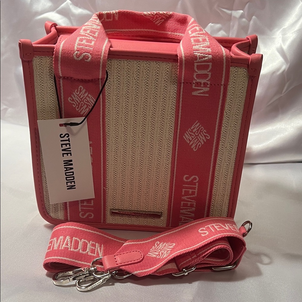 NWT Steve Madden Pink and Cream Tote Bag, w/ crossbody strap - Picture 7 of 7